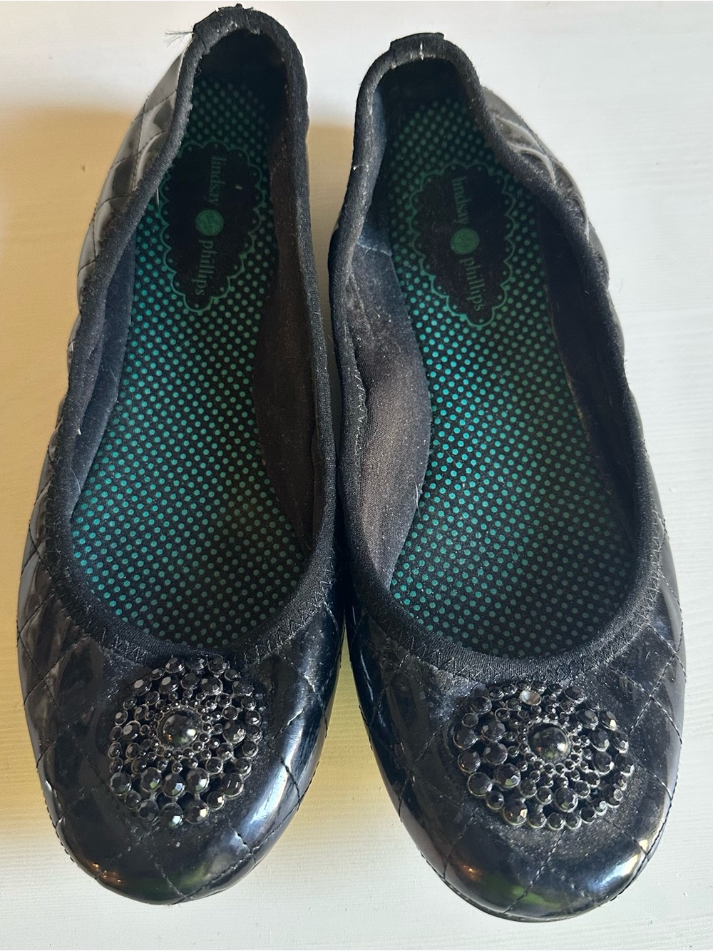 Lindsay Phillips Black Quilted Ballet Flats with Jeweled Medallions